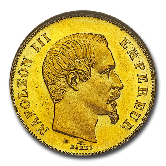 1855 France Gilt-copper Uniface Gold 50 Francs PF-64-PF-65 NGC 1855 France Gilt-copper Uniface Gold 50 Francs PF-64-PF-65 NGC